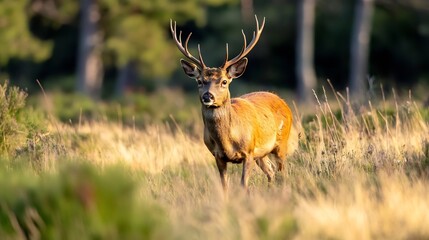 Wall Mural - Majestic deer standing gracefully in a field surrounded by tall grass and trees in a natural habitat : Generative AI