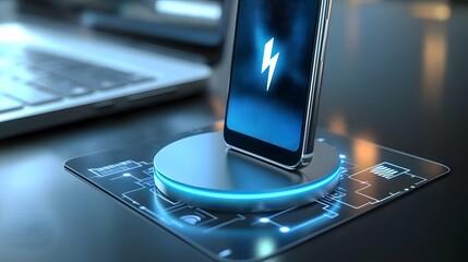 Poster - Close up view of a modern sleek wireless charging pad for a smartphone featuring a glowing LED indicator light