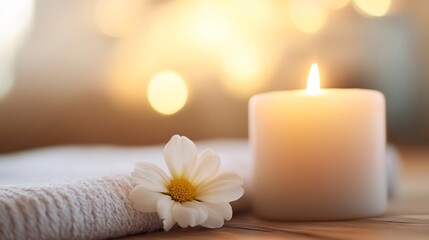 Poster - Calming Atmosphere with White Candle and Flower on Soft Towel in Warm Light : Generative AI