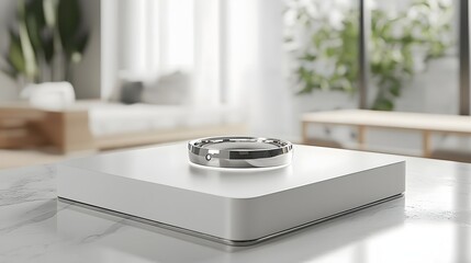 Aufkleber - Closeup of a sleek minimalist smart ring resting on a dedicated wireless charging puck showcasing the latest in modern connectivity and convenience technology for the digital lifestyle