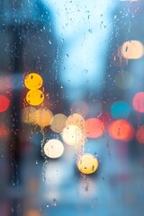 Aufkleber - Raindrops on a Window Creating a Dreamy Background with Colorful Bokeh Lights in a Cityscape : Generative AI