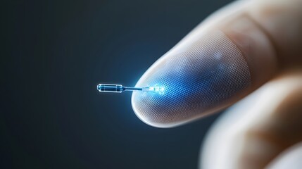 Fototapete - closeup photograph showcasing a futuristic cyborg finger with an integrated micro tool emerging from beneath the shiny metallic surface