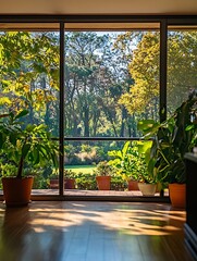 Aufkleber - Bright and inviting indoor living space with large windows overlooking a lush garden filled with plants : Generative AI