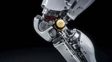 Poster - Detailed view of an exposed mechanical knee joint of a cyborg or robotic leg showcasing the intricate inner workings of spinning gears hydraulic pistons and other futuristic technology