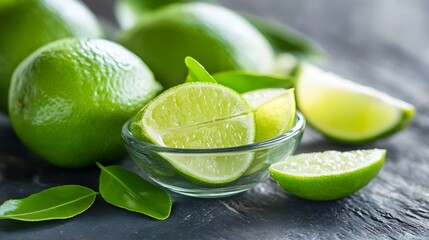 Aufkleber - Fresh Green Limes and Slices Displayed on a Dark Surface with Leaves : Generative AI