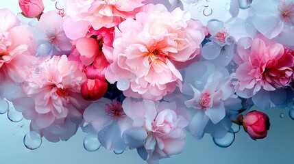 Wall Mural -   A cluster of pink and white flowers adorned with water droplets at their base