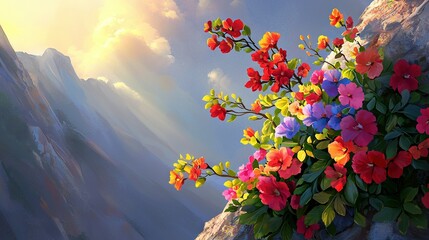 Wall Mural -   A stunning portrayal of blossoms emerging from the edge of a cliff against a vibrant backdrop of sunlight and majestic mountains