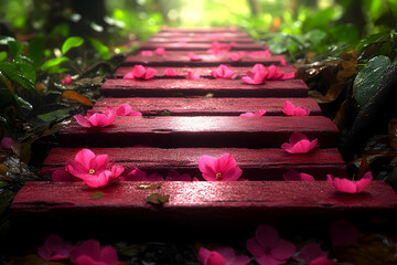 Canvas Print - Elevated Wooden Path Adorned with Pink Flowers Leading Through Lush Greenery Creates a Tranquil Scene in a Forest Setting