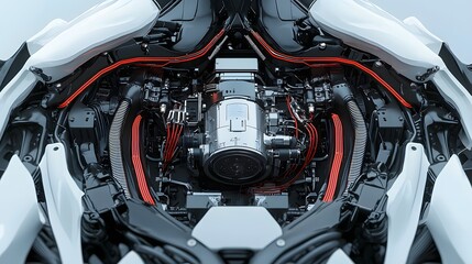 Fototapete - Partially open cyborg chest panel exposing an intricate power core surrounded by a network of tubes and moving parts showcasing advanced futuristic technology and engineering