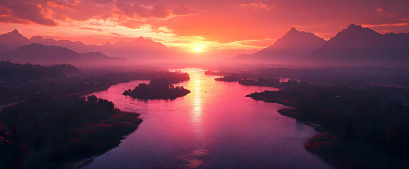 Canvas Print - Picturesque Twilight Over a River Valley Reflecting Pink and Orange Hues with Distant Mountain Ridges and Dense Forest in a Serene Evening Landscape