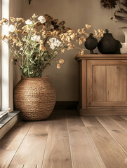 Wall Mural - Rustic Interior Decor with Wicker Basket and Flowers Wooden Floor : Generative AI