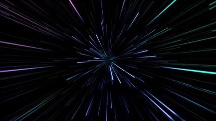 A high velocity journey through a wormhole, luminous colourful light trail. Futuristic galaxy background. Hyperspace Jump.