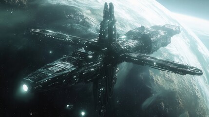 Wall Mural - Futuristic Space Station Orbiting a Planet with Vast Galaxy as Background