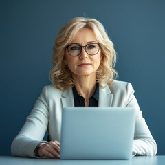 Professional woman at desk using laptop in modern office setting focused and engaged in work