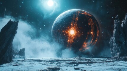 Wall Mural - Futuristic Sci-Fi Landscape with Giant Celestial Body and Starry Background in Deep Space