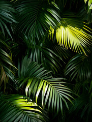 Poster - Lush green tropical palm leaves with sunlight casting shadows : Generative AI