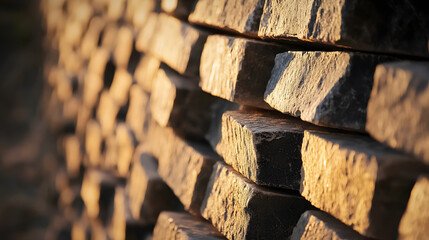Poster - Close-Up of Rustic Stone Wall with Warm Earth Tones in Golden Light : Generative AI