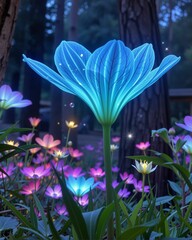 Wall Mural - A glowing, blue flower stands tall amidst a vibrant garden of colorful blooms, radiating an enchanting, magical aura in a serene forest setting.