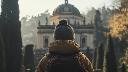 Wall Mural - Person gazing at historical building,  park,  Italy,  tourism,  photo