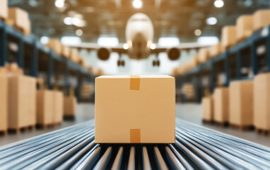 Warehouse scene with a package on conveyor belt, blurred airplane in background, symbolizing global shipping.