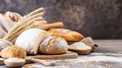 Poster - Rustic assortment of freshly baked artisan bread loaves on wooden board with flour : Generative AI