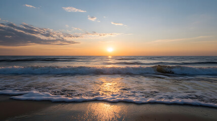 Wall Mural - Peaceful Beach Sunset with Golden Horizons Endless Ocean Tranquil Vibe : Generative AI