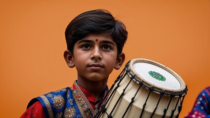 A teenage South Asian boy drumming in traditional clothes at a street parade in closeup portrait on a plain vibrant orange background