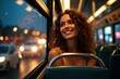© PremiumPhoto - City Night Travel. Looks maxing Femcel heic Affirmations mirror Microtransit Ai girlfriend golink Welcome pickups Tunetank Thursday dating app Smiling curly woman riding bus looking window