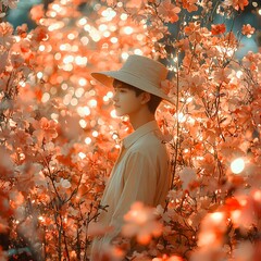 Wall Mural - Gardener Surrounded by Glowing Blooming Flowers in Peaceful Spring Garden Setting