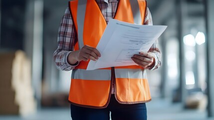 Construction worker in safety vest reviewing documents on a job site with blurred background activity