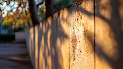 Aufkleber - Golden Hour Shadows on Textured Wall with Autumn Leaves Vignette : Generative AI