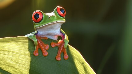 Vibrant red-eyed tree frog on green leaf rainforest wildlife photography natural habitat close-up biodiversity