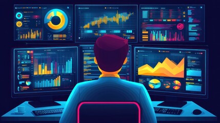 Data Analyst Working Late at Night, Illuminated by Glowing Screens Displaying Complex Financial Data