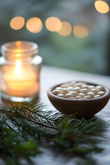 Canvas Print - Cozy Candle-lit Scene with Pine Branches and Bowl of Decorative Balls for Festive Ambiance : Generative AI