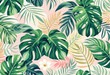 © VisualPro - a variety of tropical leaves in shades of green, yellow, and pink, with a white flower in the center.