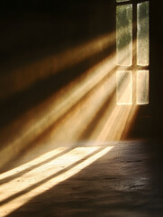 Aufkleber - Sunbeams streaming through rustic window illuminating dark empty room : Generative AI