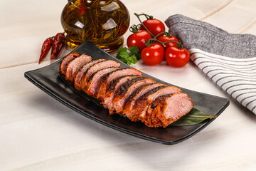 Wall Mural - Sliced duck breast baked with cherry