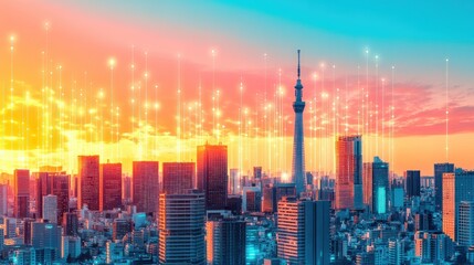 Poster - Vibrant Cityscape at Sunset Modern Buildings and Digital Network Connections