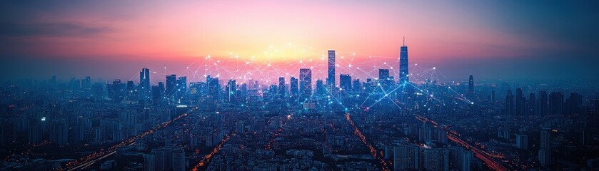 Fototapete - Stunning Sunset Cityscape Aerial View Showing Modern City Skyline and Network Connections