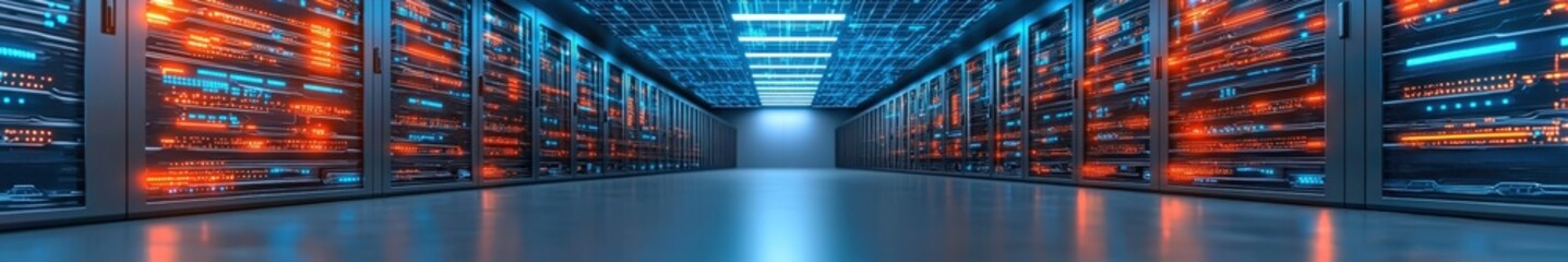 Fototapete - Modern Data Center Interior with Server Racks and Bright Lights
