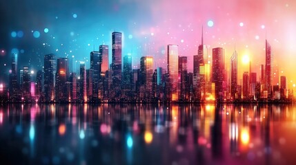 Poster - Vibrant Cityscape at Sunset Glowing Skyscrapers Reflecting on Water Modern City Architecture