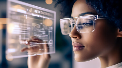 Canvas Print - Visionary Data: A focused woman in glasses, deeply engrossed in a futuristic data interface, suggesting innovation and analytical power.