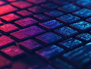 a close-up view of a colorful keyboard, featuring illuminated keys in vibrant shades of blue and pur