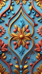 Ornamental 3D Floral Pattern Design in Blue Orange and Gold