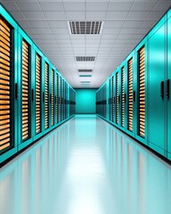 Aufkleber - Modern Data Center Server Room Corridor Interior Turquoise Servers Technology Infrastructure