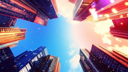 Poster - Stunning Low Angle View of Modern Skyscrapers Reaching for a Vibrant Sunset Sky
