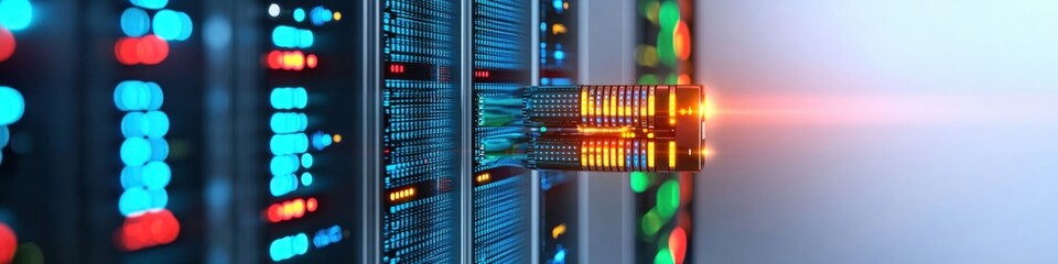 Fototapete - Data Center Visualization with Server Rack and Colorful Lights