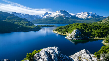 Canvas Print - Scenic mountain lake with lush green forest and snowcapped peaks under clear blue sky natural landscape : Generative AI