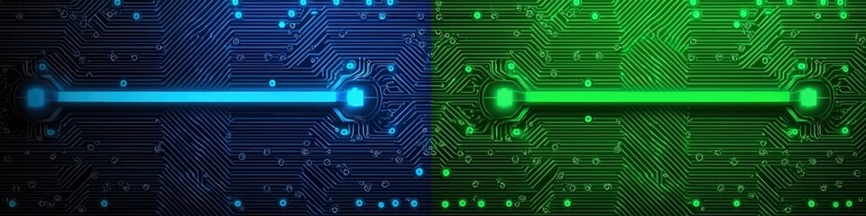 Fototapete - Abstract Digital Circuit Board Background with Glowing Lines Green and Blue Technology Design