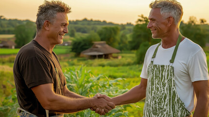 Wall Mural - Entrepreneur and farmer shaking hands, closing a deal in their sustainable agriculture partnership, with green fields in the background at sunset